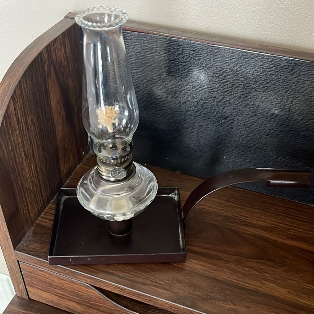 Unique Glass Oil Lamp Matched with a Rectangular Metal Chamber-stick
